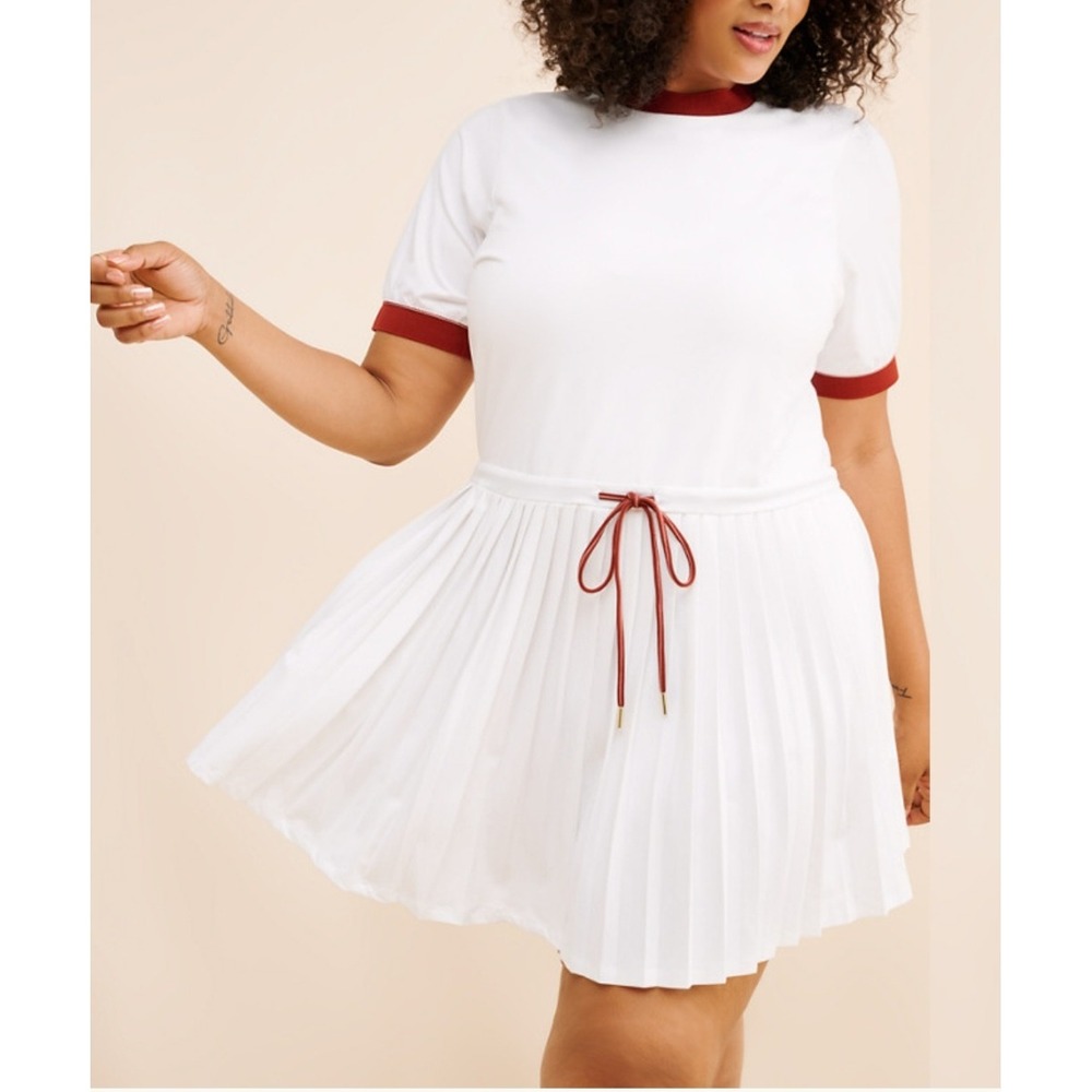 Varley Tennis Dress Women 2X White Burgundy Pleated Ringer Activewear